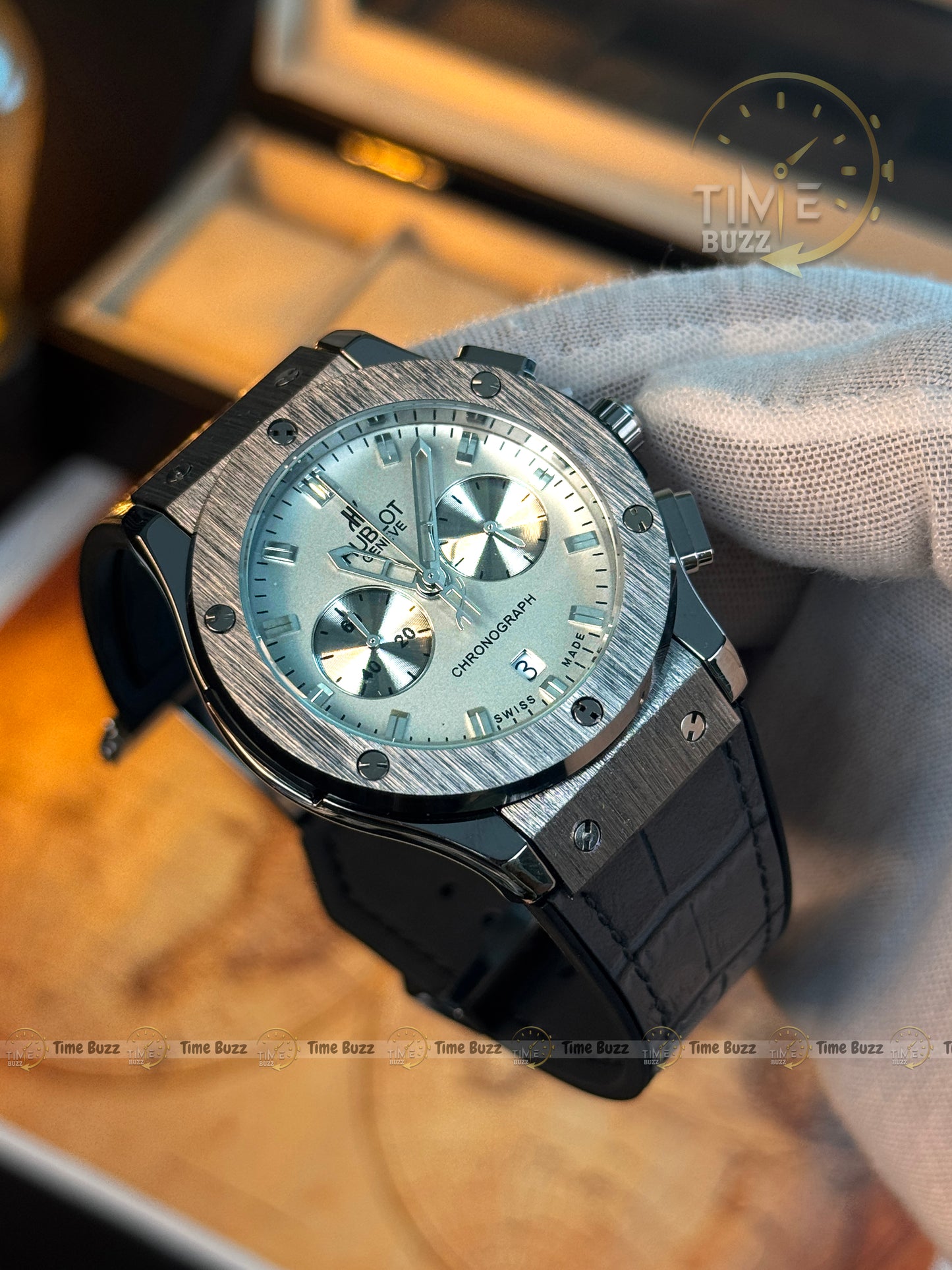 HUBLOT Silver Chronograph Men’s Watch with Champagne Dial and Grey Leather Strap
