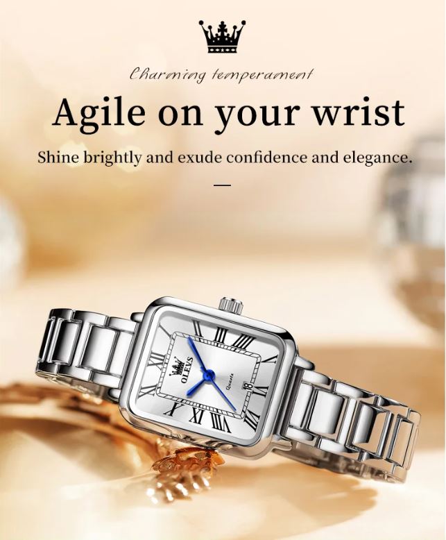 OLEVS 5641 Women’s Square Quartz Watch Silver White – Roman Scale Waterproof Stainless Steel Wristwatch