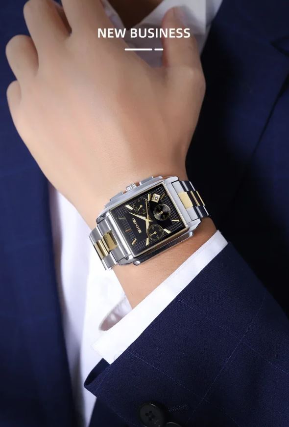 SKMEI 2339 Men’s Square Stainless Steel Quartz Watch Two Tone Black– Waterproof Business Wristwatch