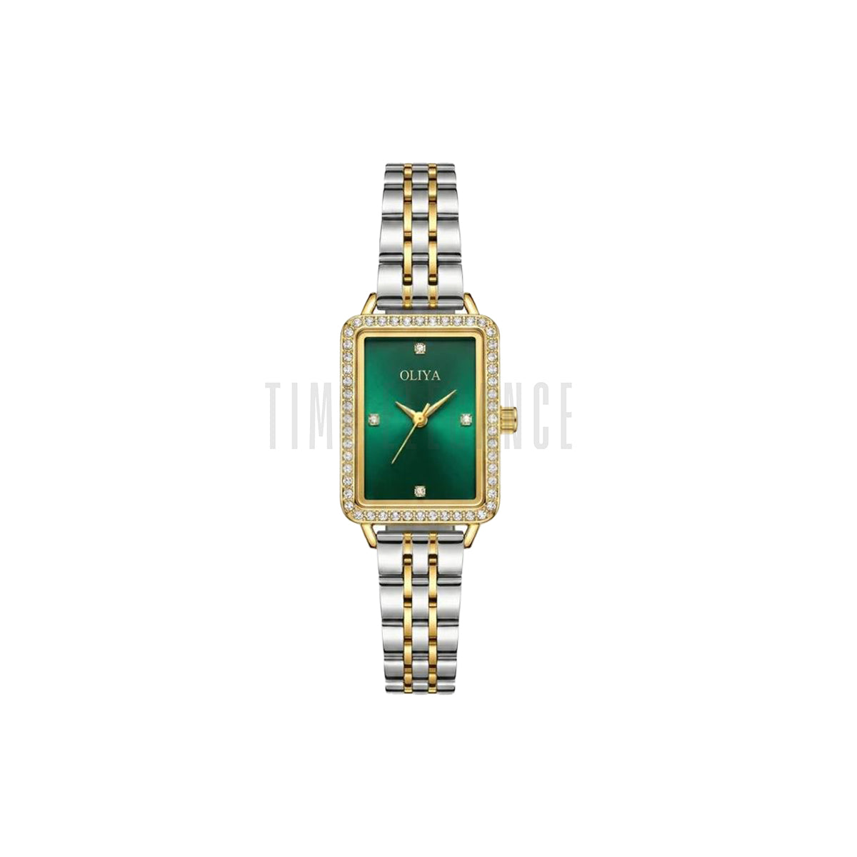 OLIYA 609 Women’s Luxury Square Quartz Watch Two Tone Green Dial – Stainless Steel Elegant Wristwatch