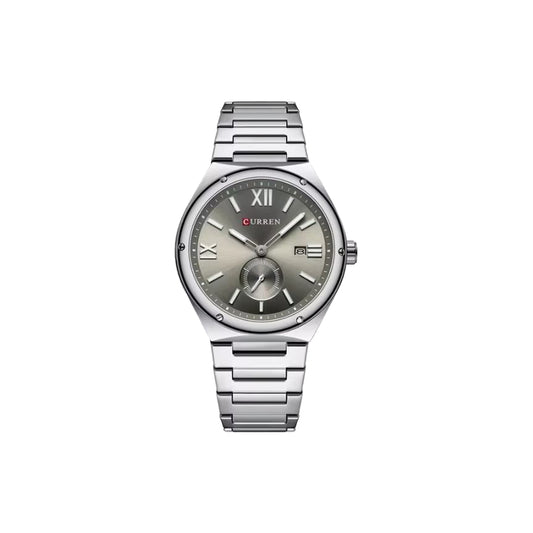 Silver wristwatch with a gray face on a white background