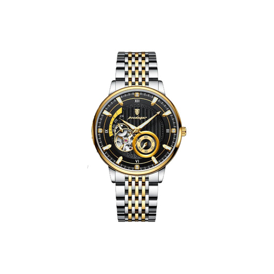 Luxury watch with black and gold face on a white background