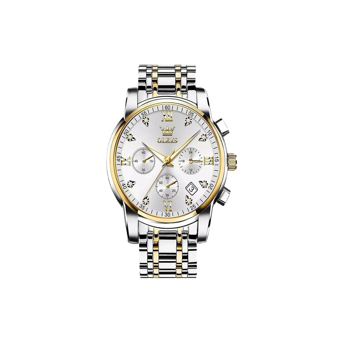 OLEVS 2858 Chronograph Men's Watch Two Tone White Dial – Waterproof Luminous Quartz Stainless Steel Luxury Wristwatch