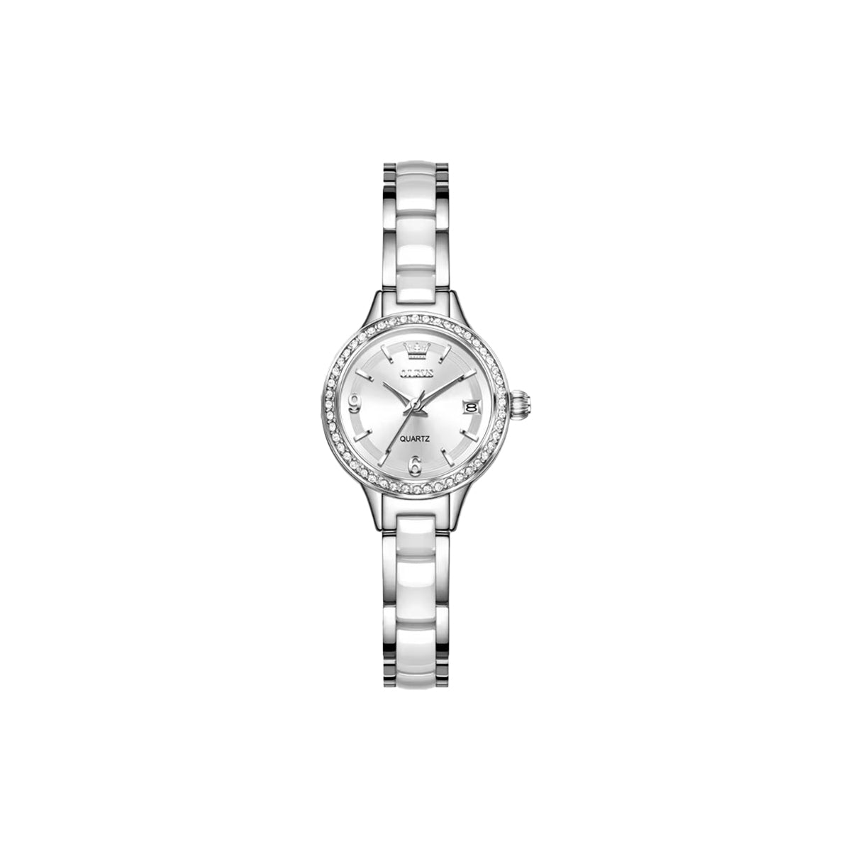 OLEVS 7093 Women’s Luxury Quartz Watch Silver White– Stainless Steel Ceramic Bracelet