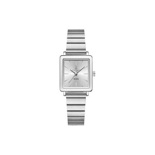 Silver watch with a square face on a white background