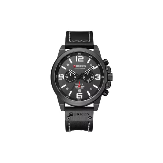 Black wristwatch with multiple time zones on a white background