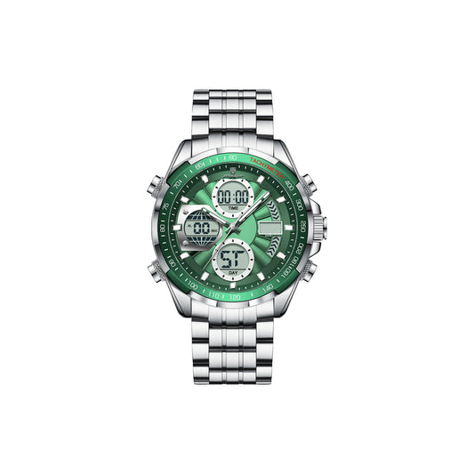 Green digital watch with silver metal strap on a white background
