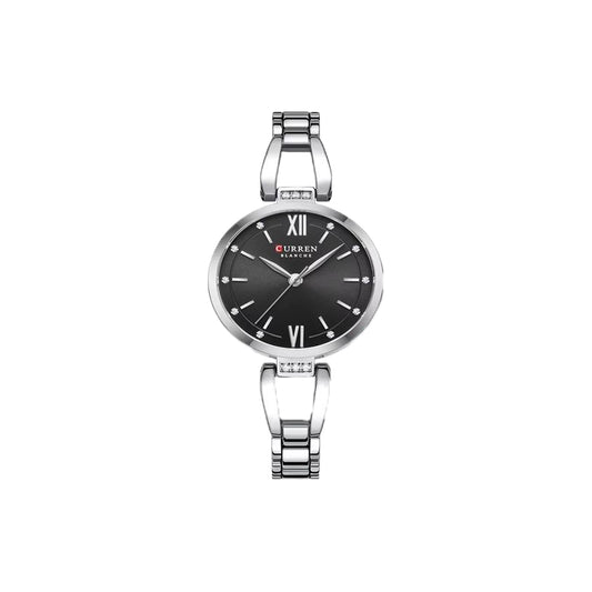 Silver watch with black dial on a white background