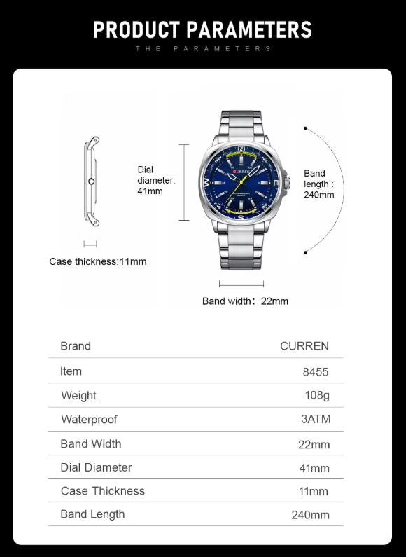 Curren watch with detailed specifications on a white background