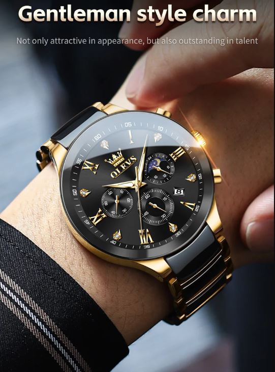 Gold and black wristwatch on a person's wrist with text about gentleman style charm.