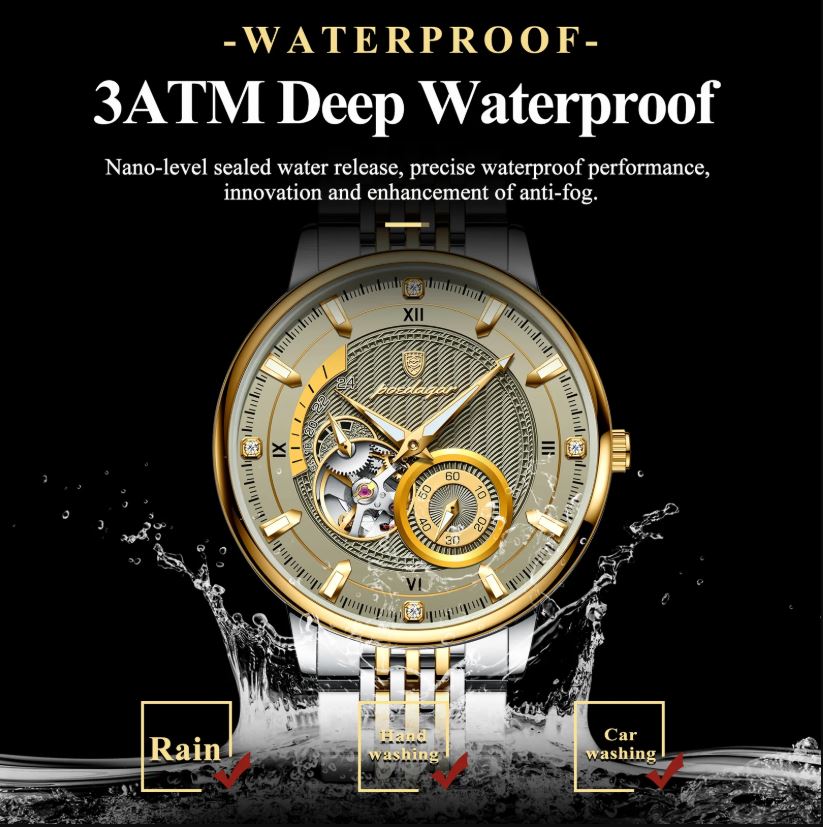 Gold and silver watch with waterproof feature text on a black background