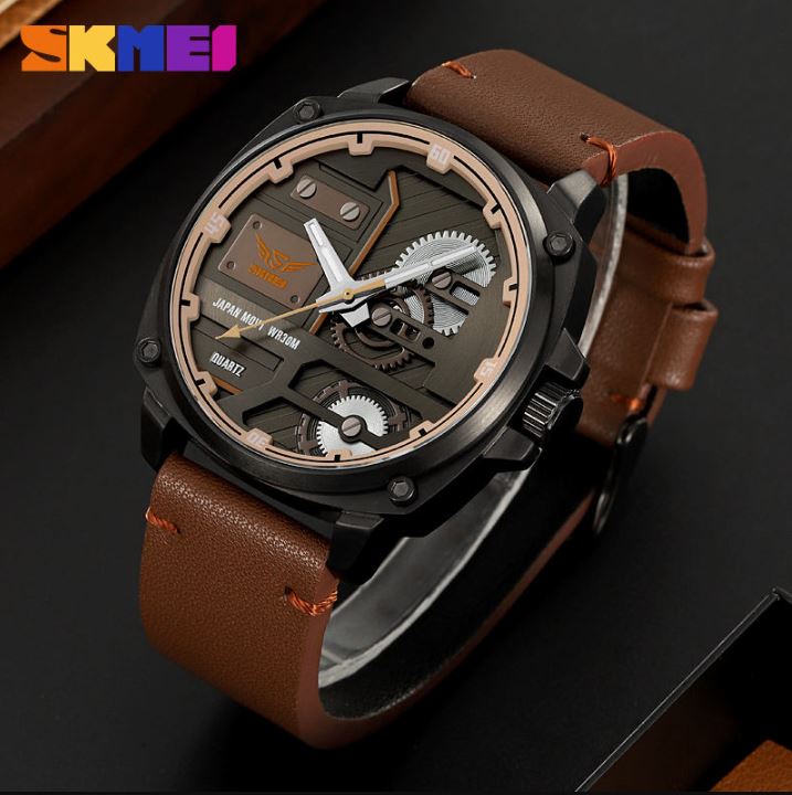 SKMEI 2289 Men’s Leather Strap Quartz Watch Dark Brown– Casual Business Fashion Wristwatch