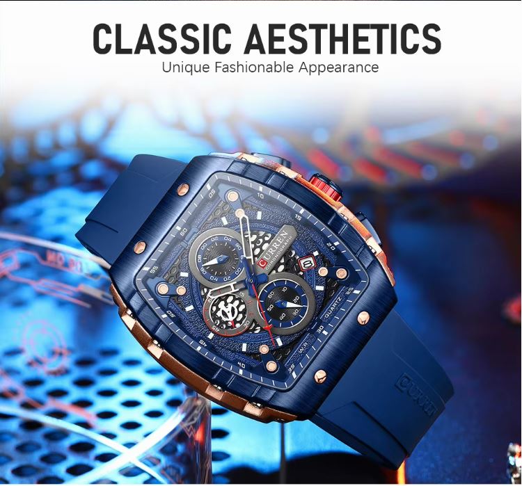 Blue wristwatch with intricate design on a blurred background, featuring text 'Classic Aesthetics'.