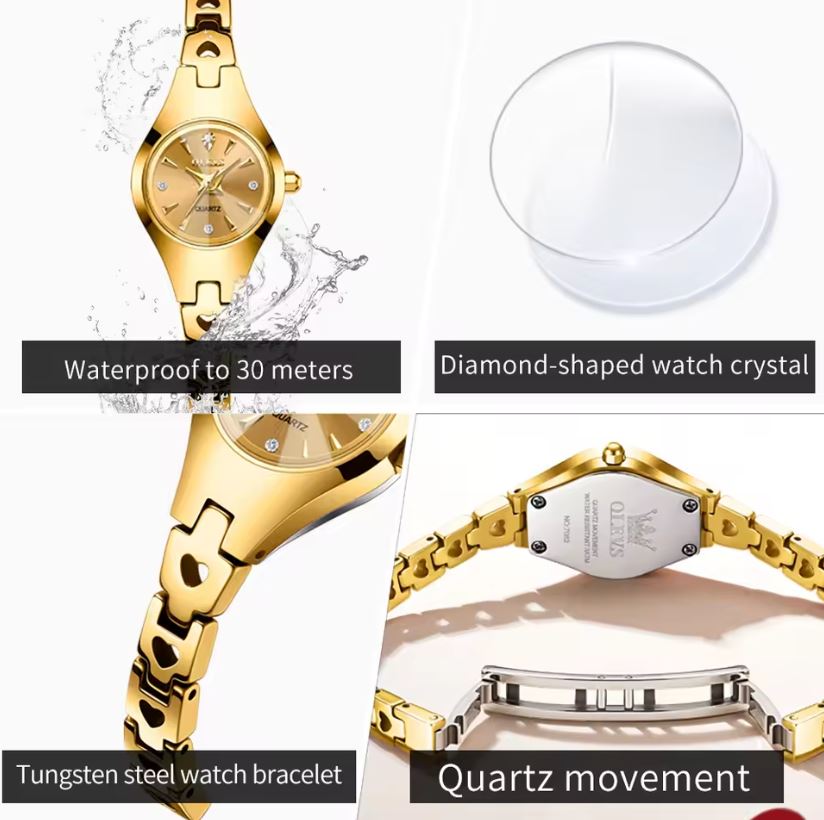 Gold watch with features highlighted on a white background