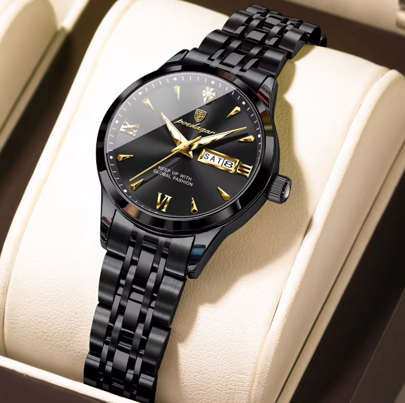 POEDAGAR 504 Women’s Quartz Watch Black – Stainless Steel Band & Complete Calendar Design