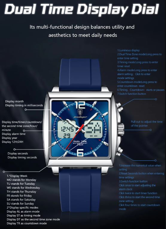 Blue watch with digital and analog display on a dark background