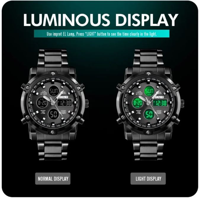 Two black wristwatches showing normal and light display on a dark background with 'Luminous Display' text.