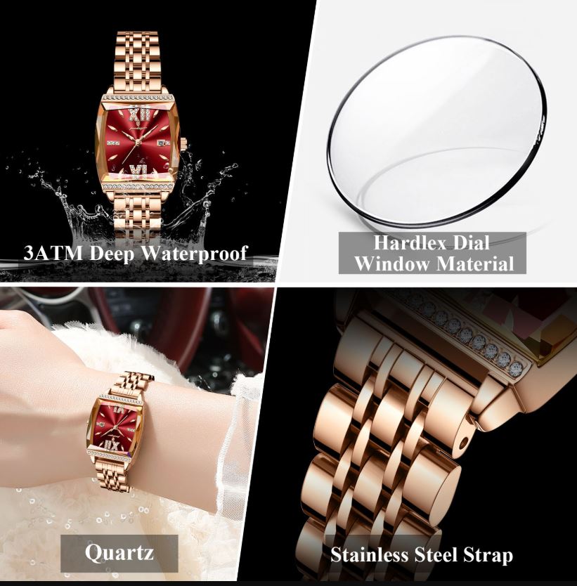 Rose gold watch with features highlighted on a black background