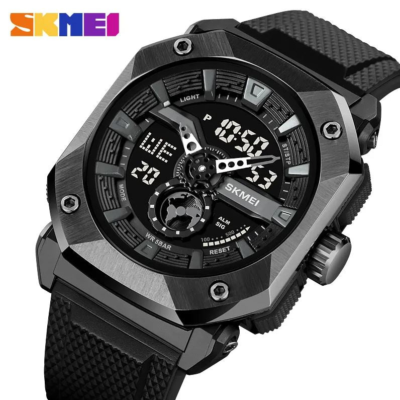 Black and silver Skmei watch with digital and analog display on a white background