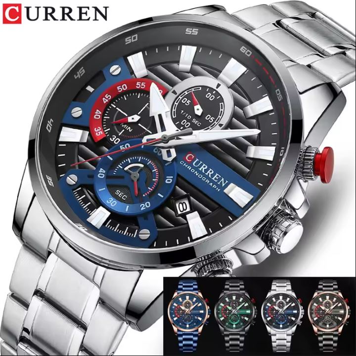 Curren watch with detailed face and metal strap, featuring the brand name.