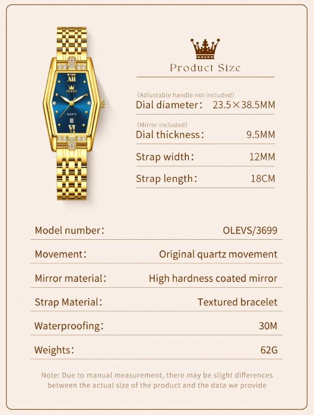Gold wristwatch with product specifications on a beige background