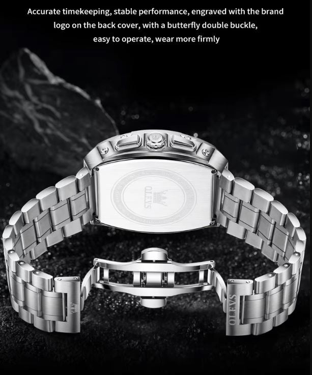 Silver watch with brand logo on a dark background