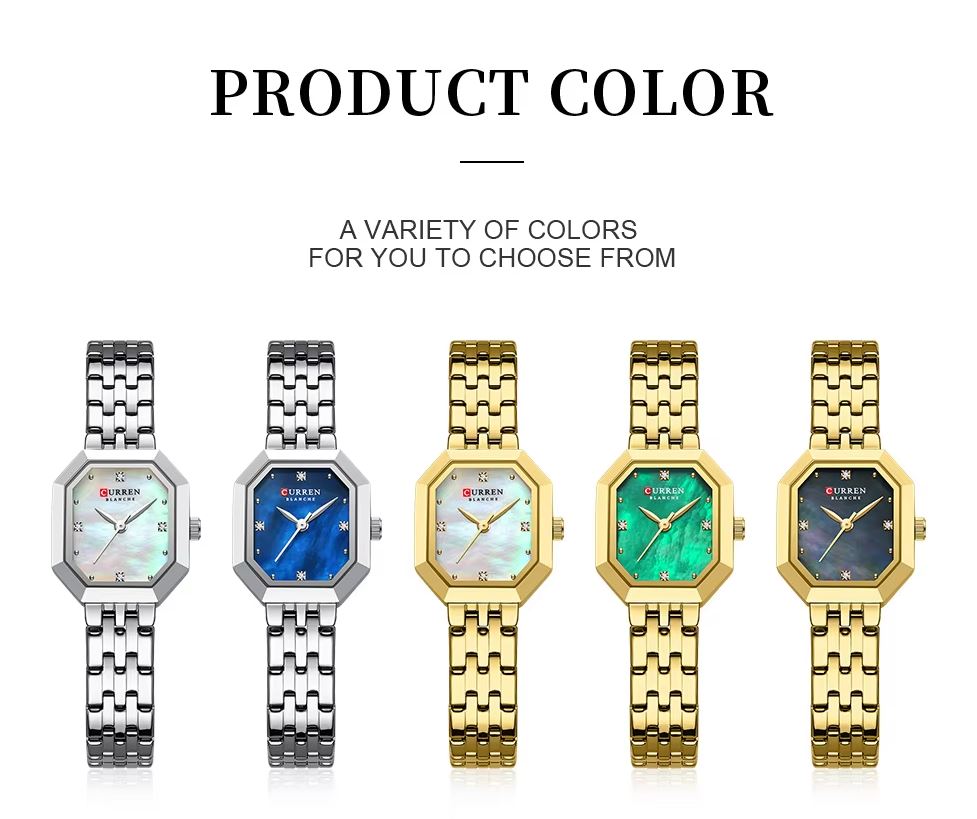 Five watches with different colored faces and gold or silver metal bands on a white background.