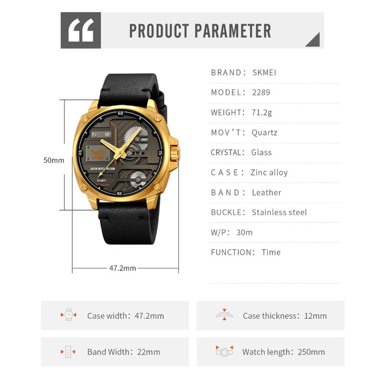 Gold wristwatch with black strap on a white background, featuring product parameter details.