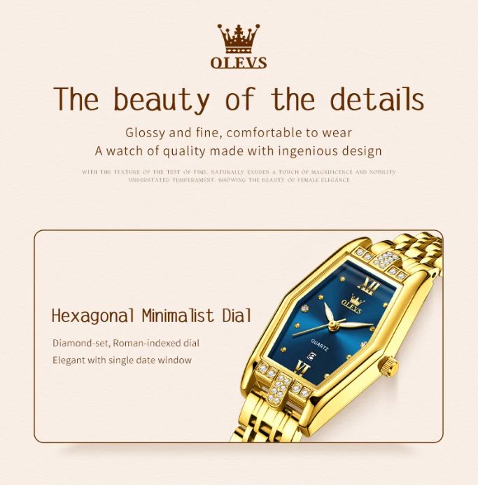 Gold watch with blue dial on a beige background, featuring the brand 'OLEVS'.