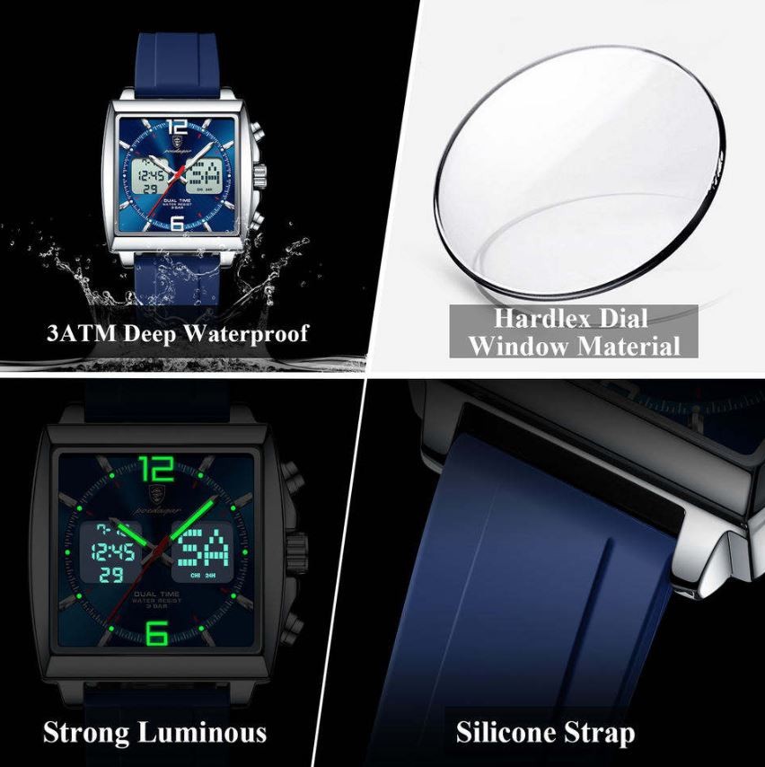 Collage of a watch with features highlighted on a black background