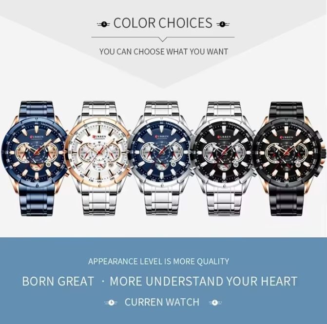 Five watches with different color options on a white background, featuring the brand 'Curren Watch'.
