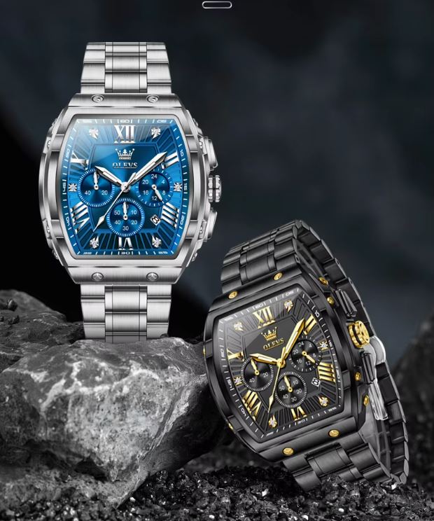 Two watches, one silver and blue, the other black and gold, on a dark background.