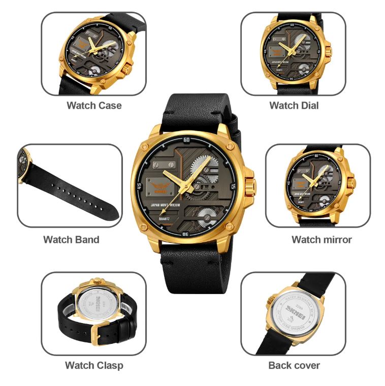 Gold and black watch with detailed components labeled on a white background
