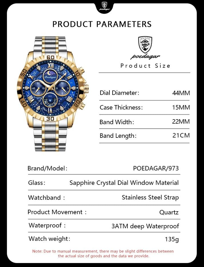 POEDAGAR watch with product parameters on a white background