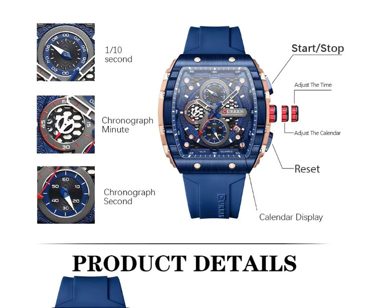 Blue watch with detailed features and labels on a white background