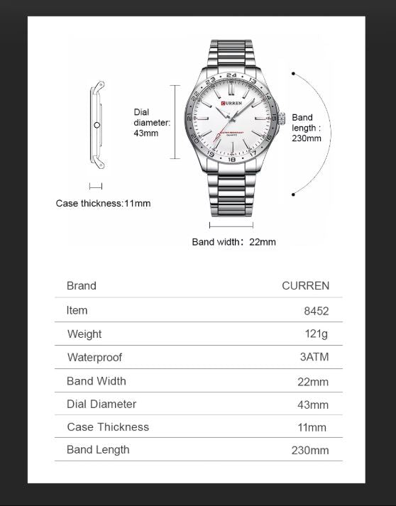 Wristwatch with technical specifications on a white background