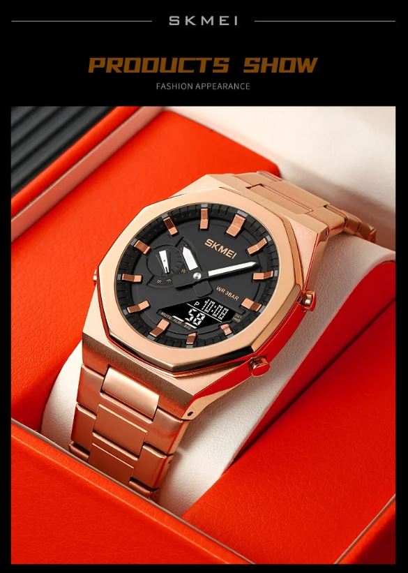 Rose gold watch with black face on a red background, brand 'SKMEI' visible