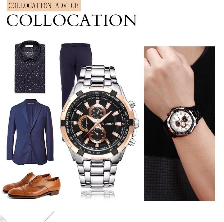 Collage of a watch with clothing items and a close-up of a hand wearing the watch.