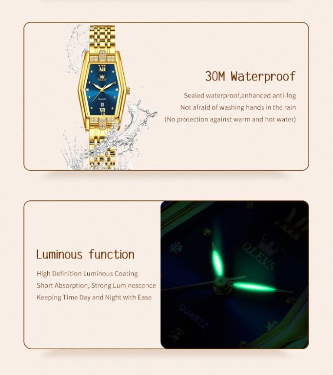 Gold wristwatch with blue face, water splashing around it, and text about waterproof and luminous functions.