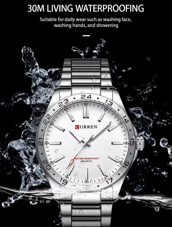Silver Curren watch with water droplets around it, emphasizing waterproof feature.