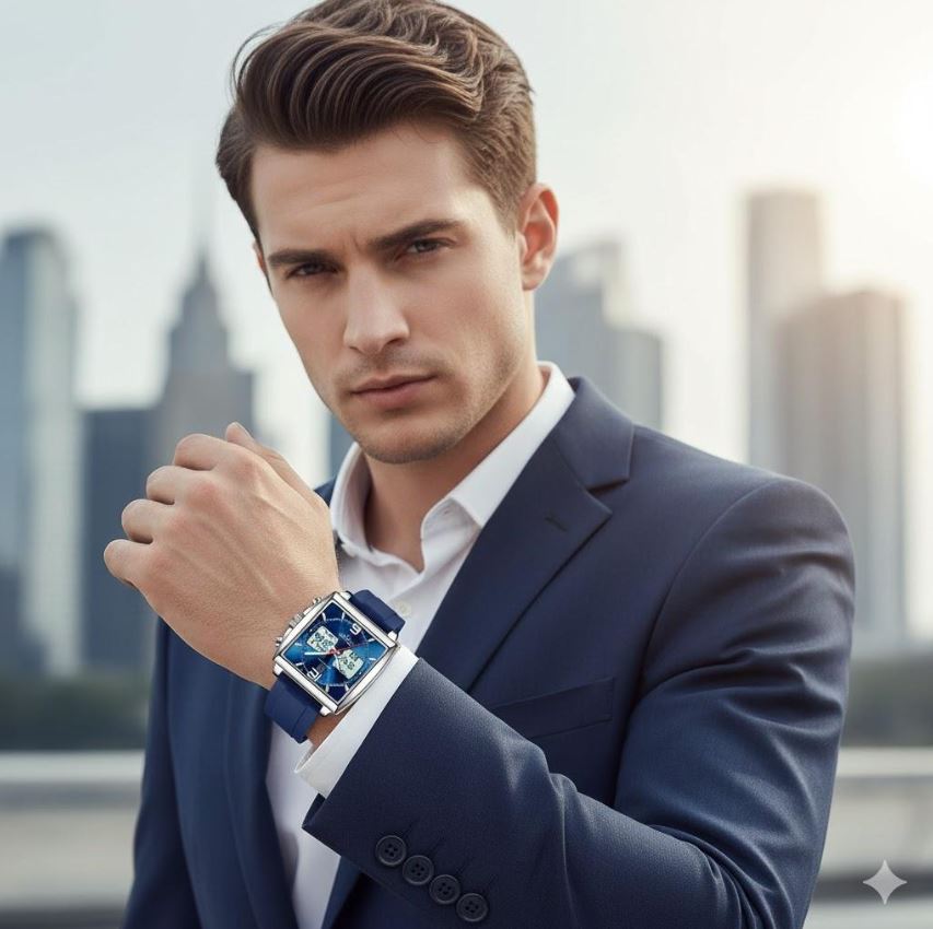 Man in a suit wearing a blue watch with a cityscape background