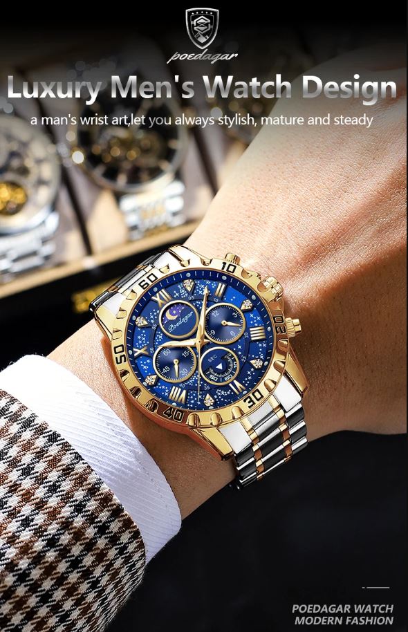 Luxury men's watch with blue face and gold accents on a wrist, brand 'POEDAGAR' visible.