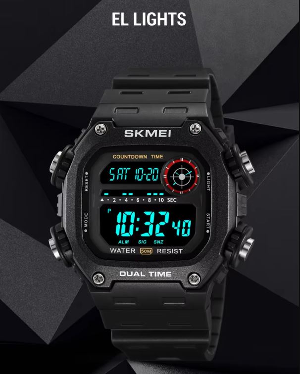 Black digital watch with EL lights on a dark background, featuring the brand 'SKMEI'.