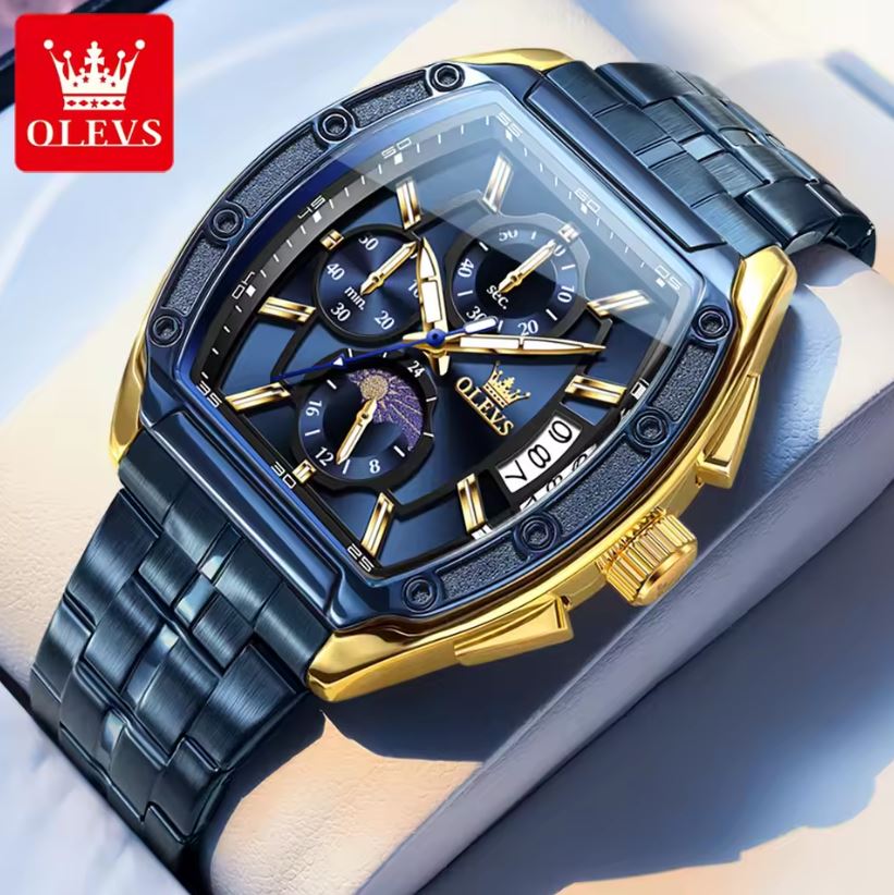 Blue and gold watch with OLEVS branding on a light background