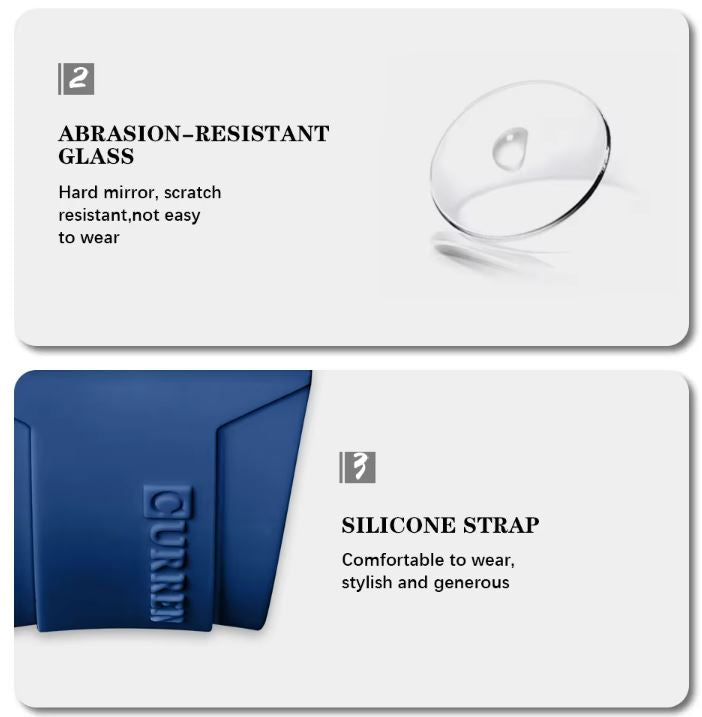 Display of abrasion-resistant glass and silicone strap with Quenery branding.