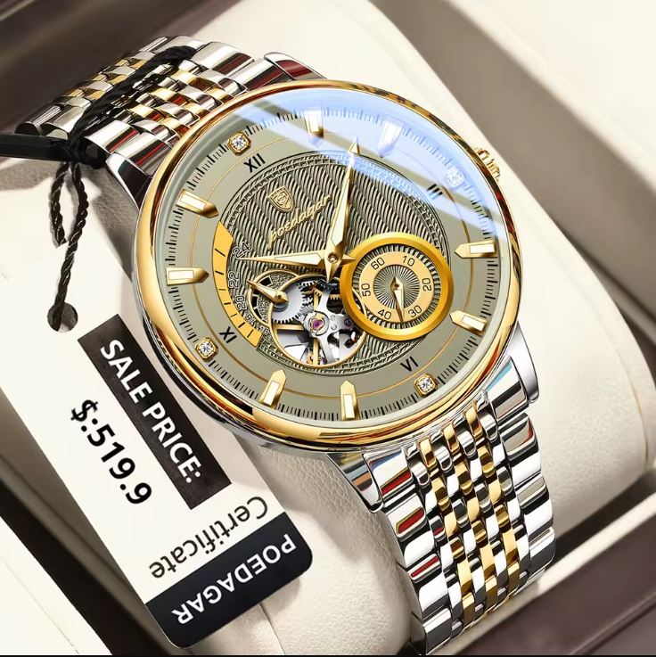 Luxury watch with a gold and silver band on a white surface, featuring a visible sale price tag.
