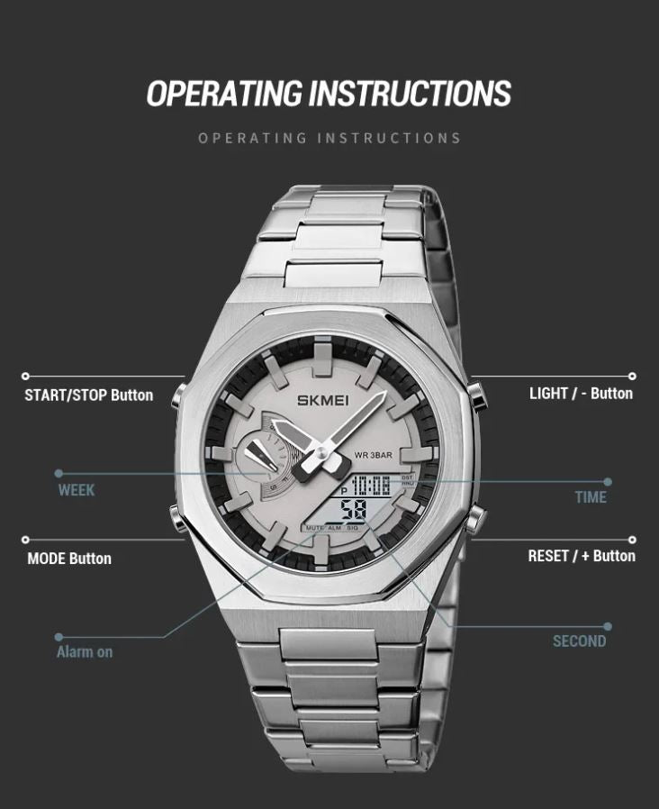 Silver Skmei watch with operating instructions on a black background