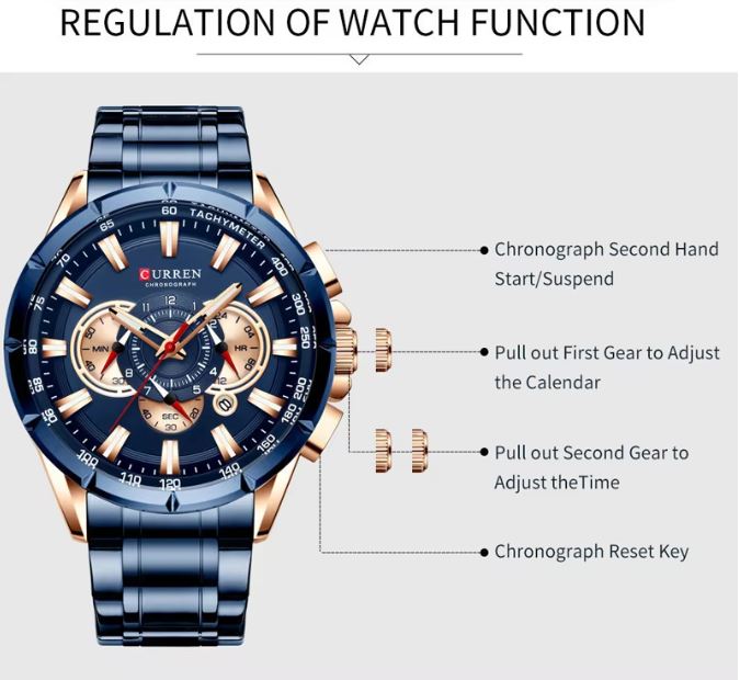 Curren watch with detailed features and text on a gray background