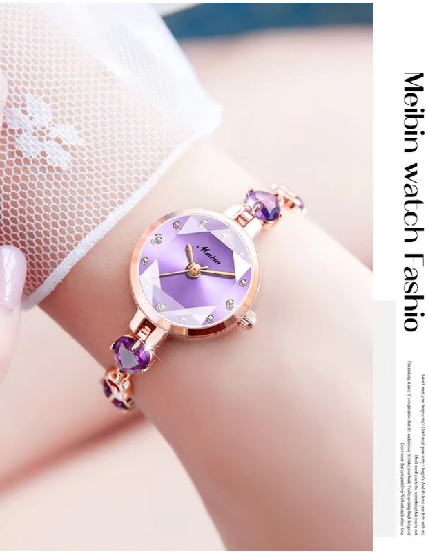 MEIBIN 1713 Women’s Luxury Purple Rose Gold Stainless Steel Watch – Elegant Quartz Wristwatch