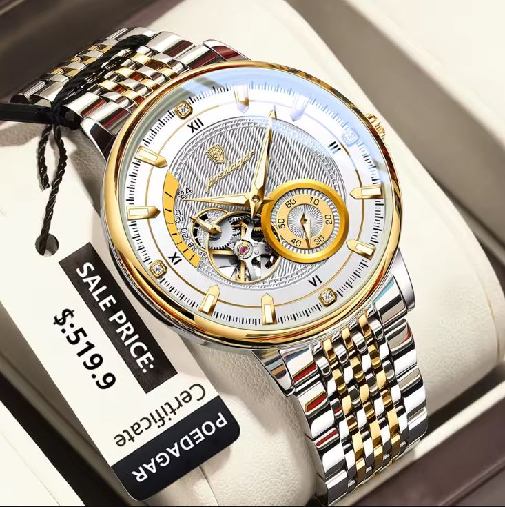 Luxury watch with gold and silver band on a white surface, featuring a sale price tag.